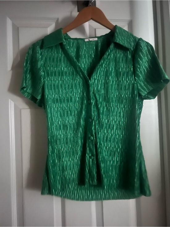 Pleione Tops - Pleione Womens Blouse Size M Green Textured Button-Up Short Sleeve Stretchy